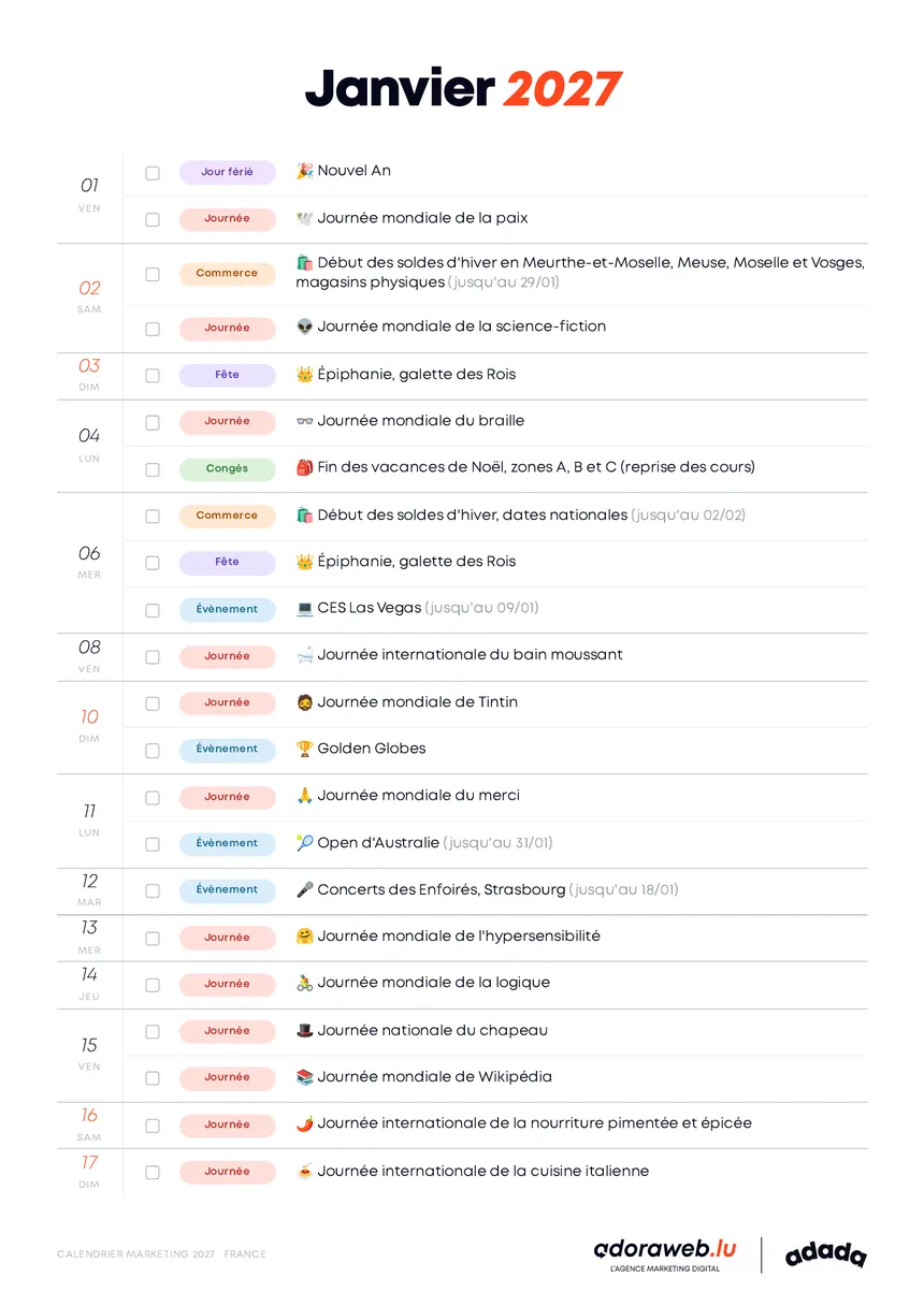 Page Janvier du Calendrier Marketing 2027 en PDF