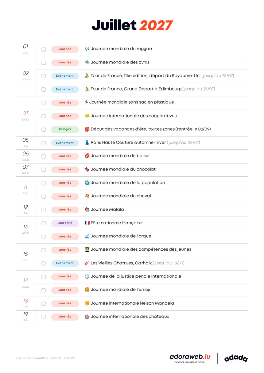 Page Juillet du Calendrier Marketing 2027 en PDF