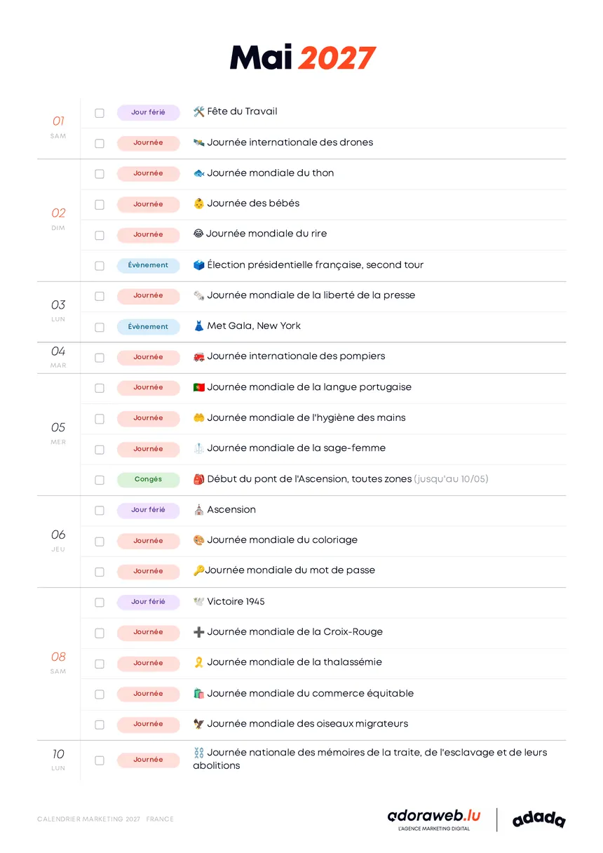 Page Mai du Calendrier Marketing 2027 en PDF