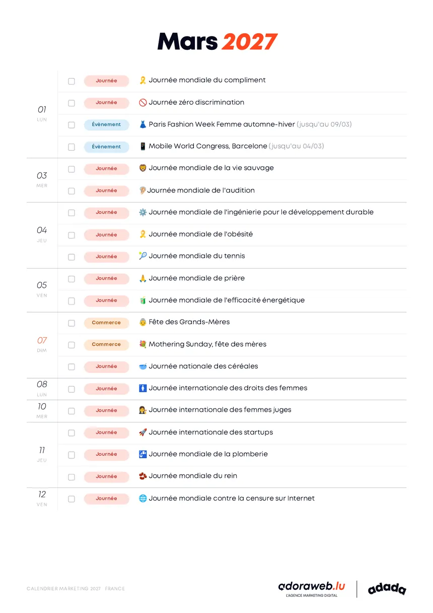 Page Mars du Calendrier Marketing 2027 en PDF