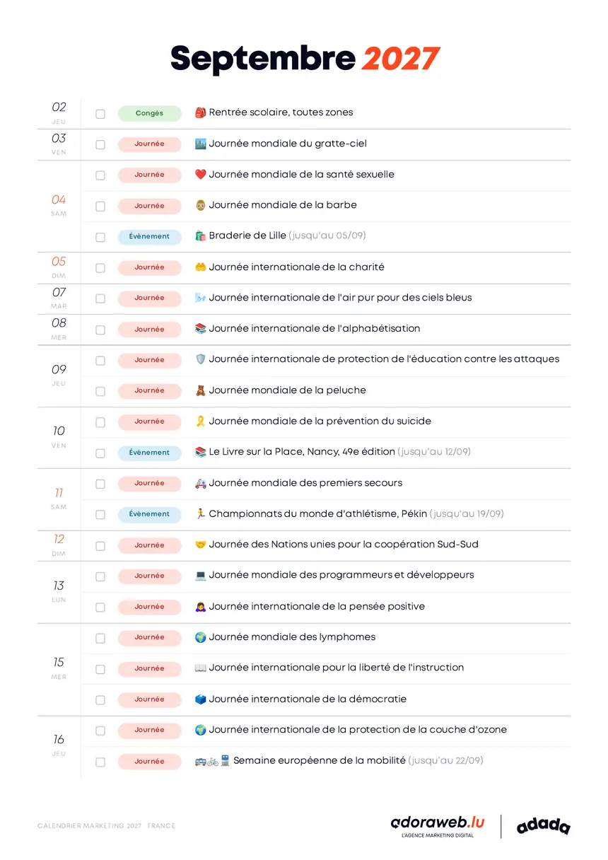 Page Septembre du Calendrier Marketing 2027 en PDF
